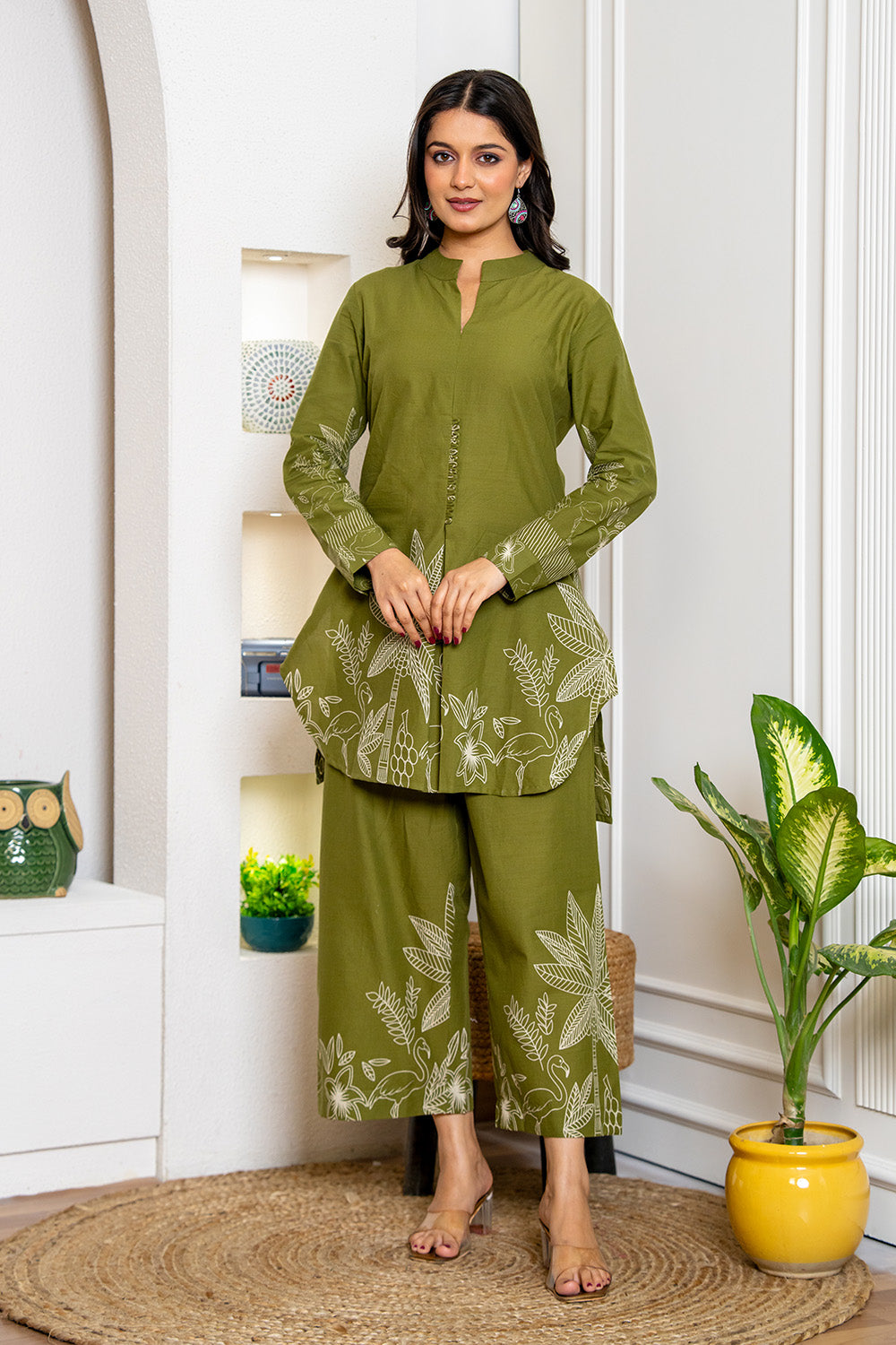 Olive Green Color Floral Printed Cotton Co-ord Set