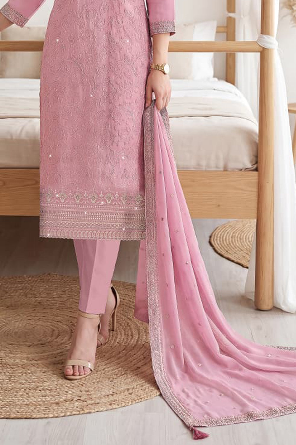 Pink Georgette Resham Embroidered And Swaroski Work Unstitched Suit Material