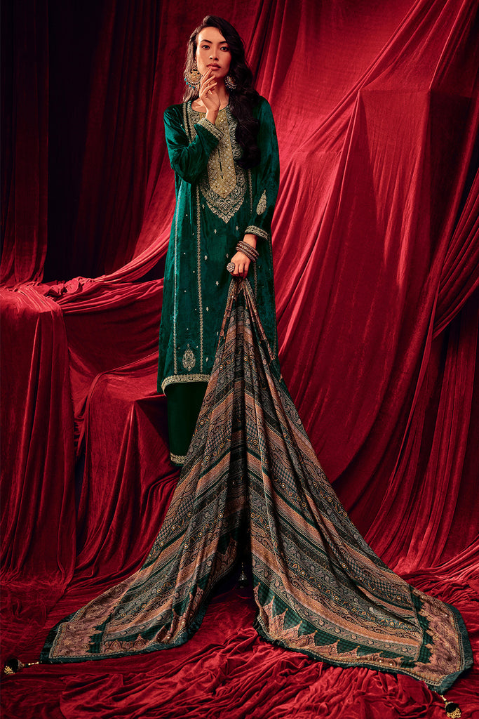 Deep Teal Color Zari Embroidered Velvet Unstitched Suit Fabric