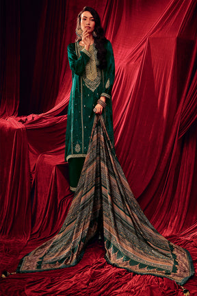 Deep Teal Color Zari Embroidered Velvet Unstitched Suit Fabric