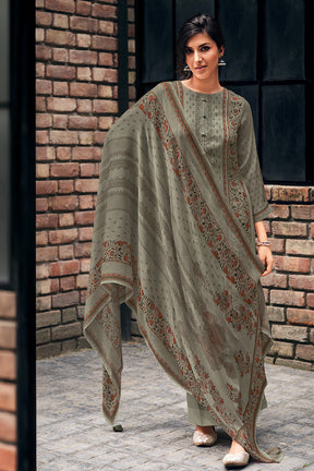 Olive Grey Color Crepe Silk Printed Unstitched Suit Material