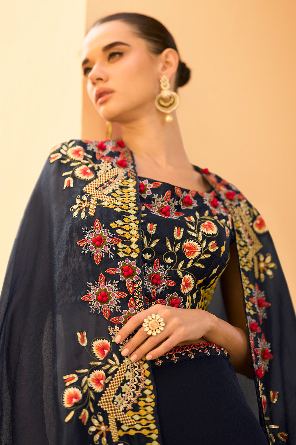 Navy Organza Embroidered Crop-Top Dress With Shruge Stlye Dupatta And Palazzo