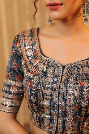 Navy Pure Mulberry Silk Printed And Embroidered Saree