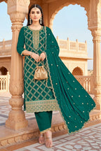 Teal Crepe Silk Zari Woven And Embroidered Unstiched Suit Material