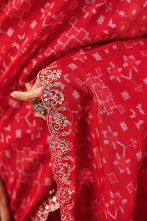 Red Color Ikat Patola Modal Silk Saree with Gota Patti Border