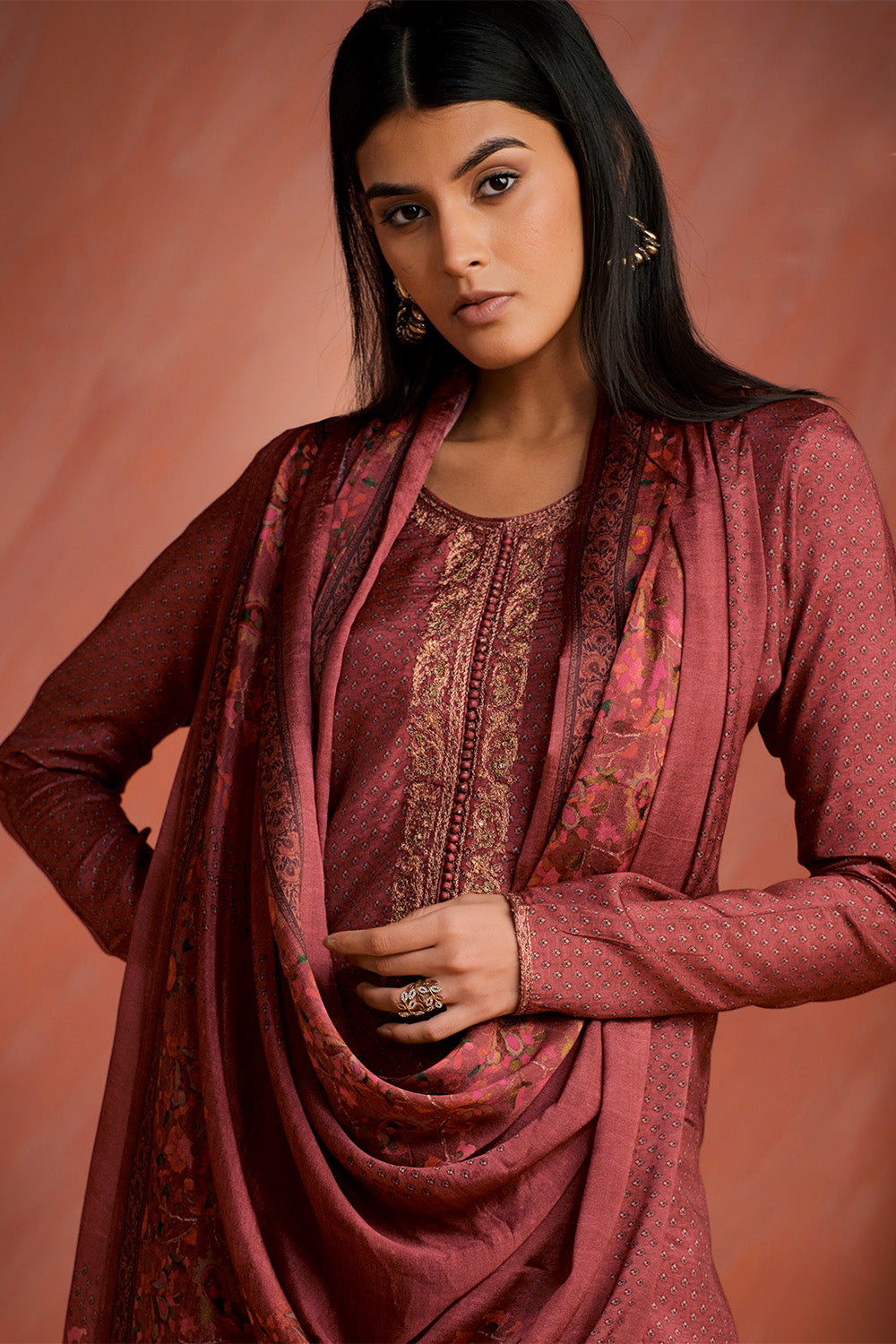Maroon Colour Printed Pashmina Unstitched Suit Fabric