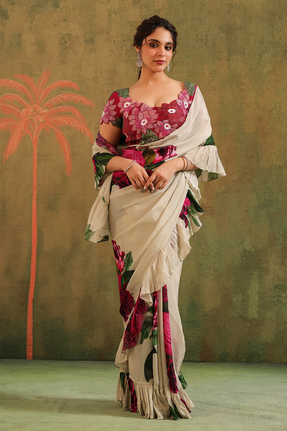 Cream Pure Crepe Silk Floral Printed Ruffled Saree With Readymade Cut-Dana Embroidered Blouse