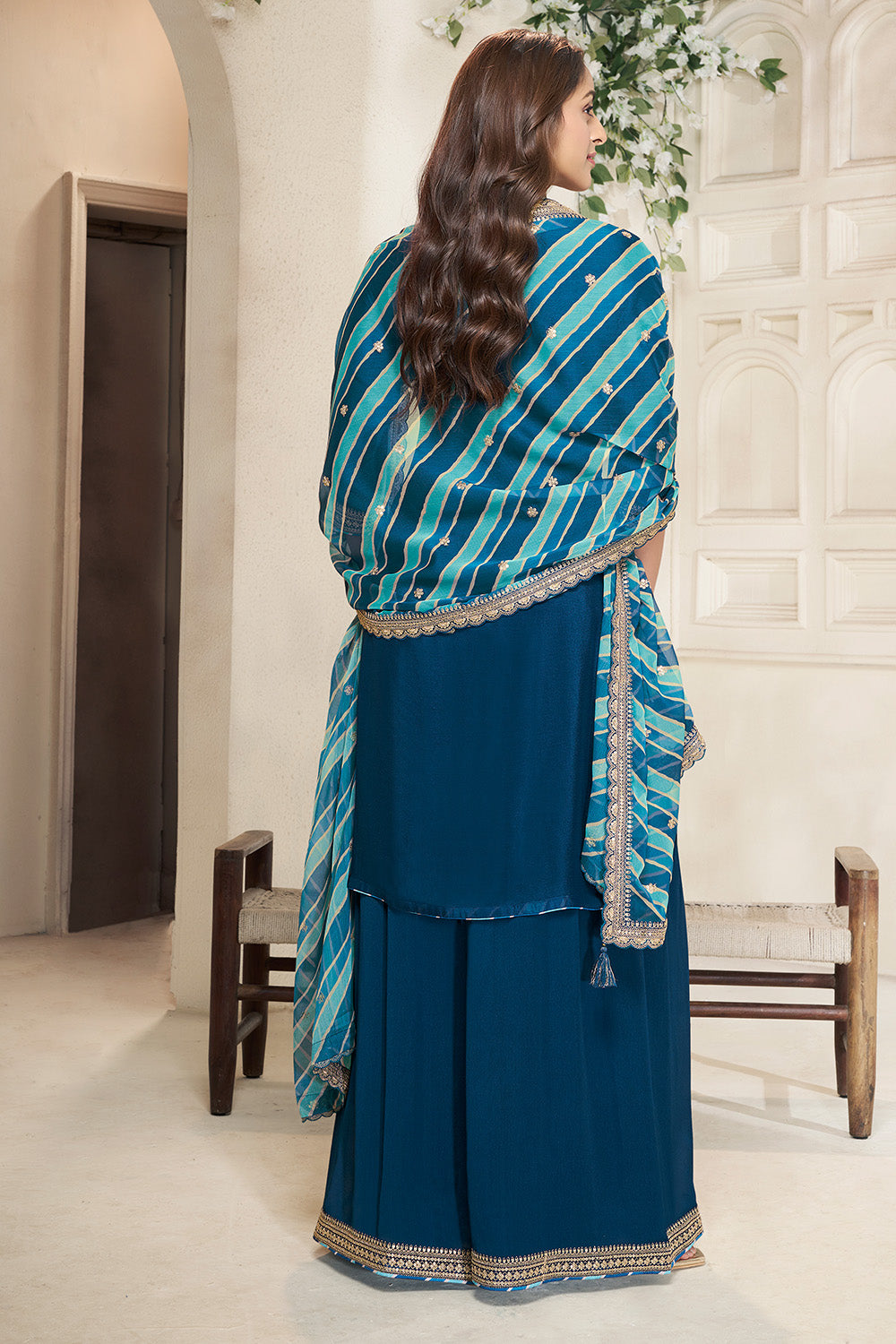 Dark Royal Blue Color Crepe Silk Zari Embroidered Suit with Palazzo