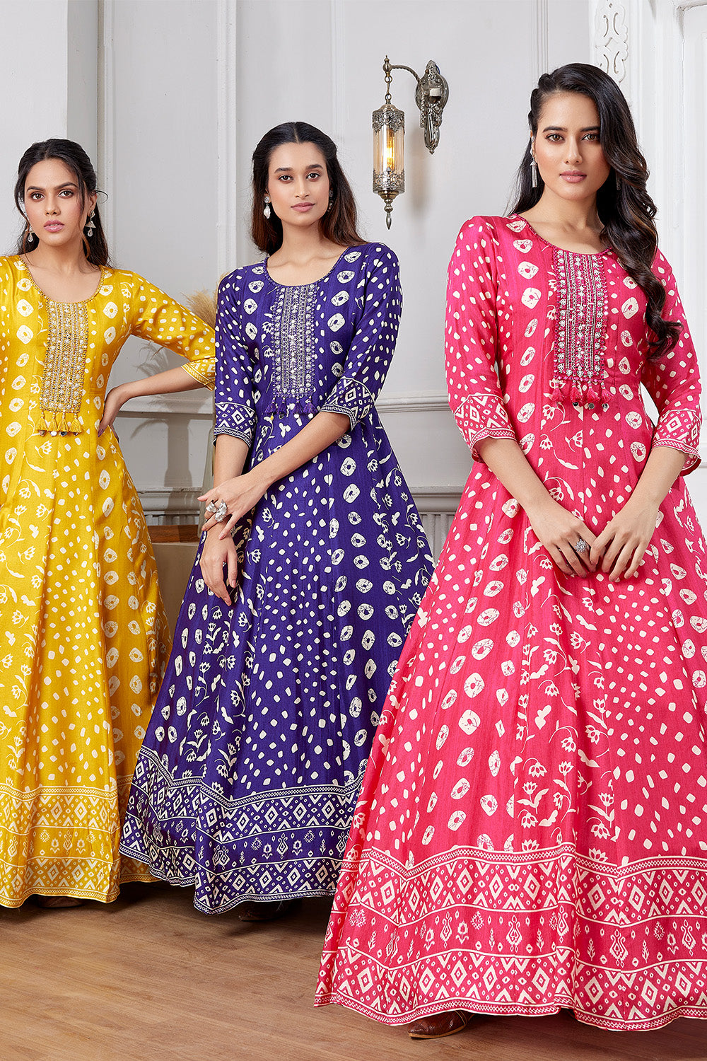 Dark Violet Color Crepe Silk Printed &amp; Neck Embroidered Anarkali Kurti