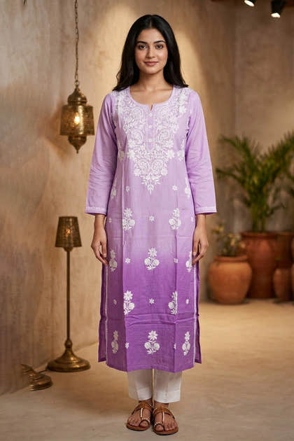 Ombre Lavander Resham Embroidered Rayon Cotton Kurta