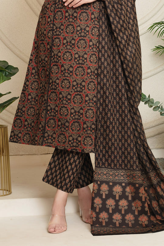 Black Cotton Floral Printed Suit Set