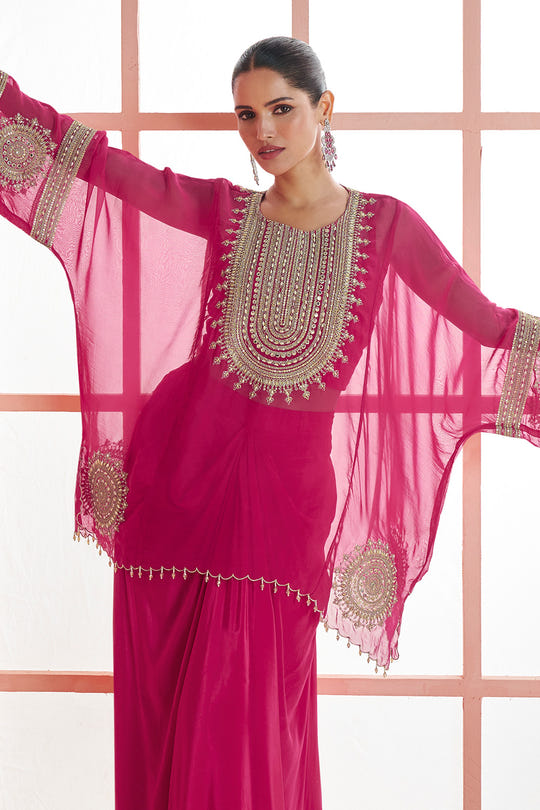 Cherry Red Tissue Silk Embroidered Kaftan, Crepe Silk Blouse And Dhoti Style Pants