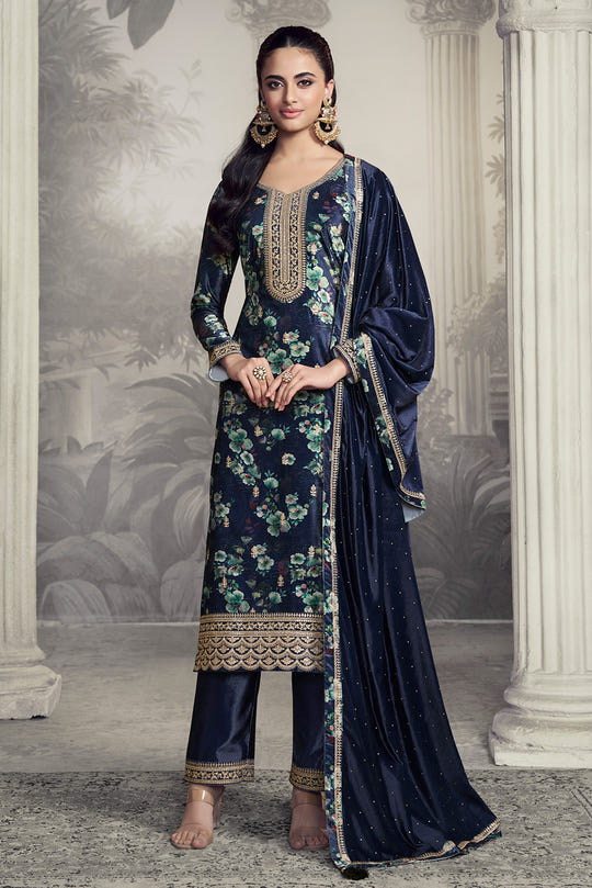 Navy Velvet Floral Printed And Embroidered Unstitched Suit Fabric