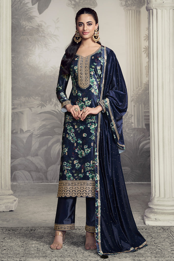 Navy Velvet Floral Printed And Embroidered Unstitched Suit Fabric