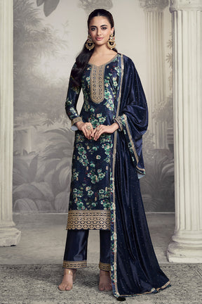 Navy Velvet Floral Printed And Embroidered Unstitched Suit Fabric