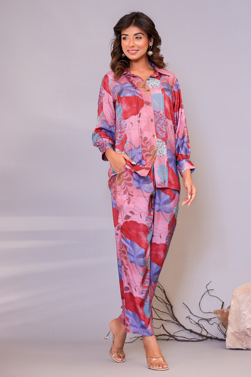 Dusty Pink Color Muslin Floral Printed Co-Ord Dress