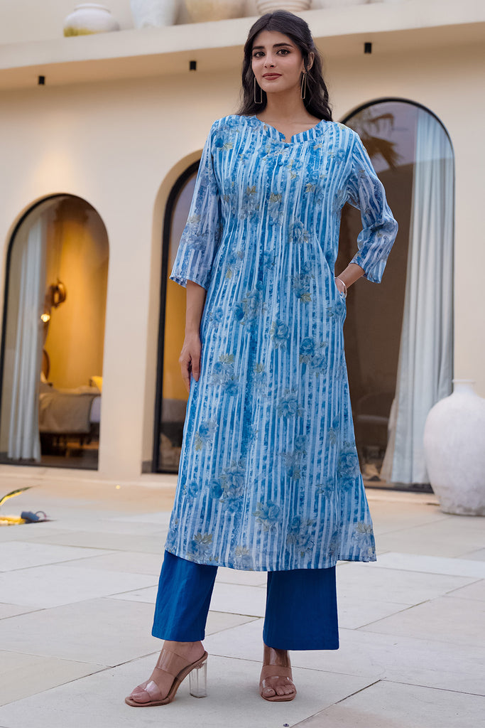Blue Floral Printed Muslin Kurta Set