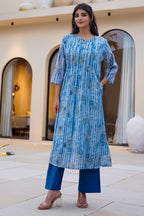 Blue Floral Printed Muslin Kurta Set