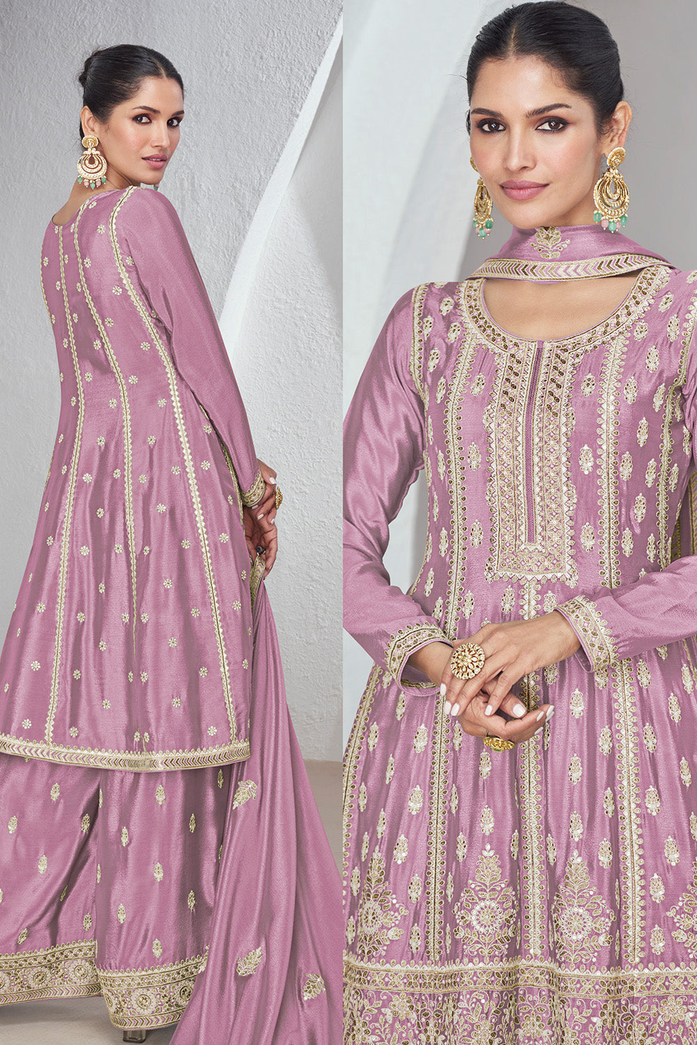 Light Mauve Color Embroidered Crepe Silk Peplum Suit