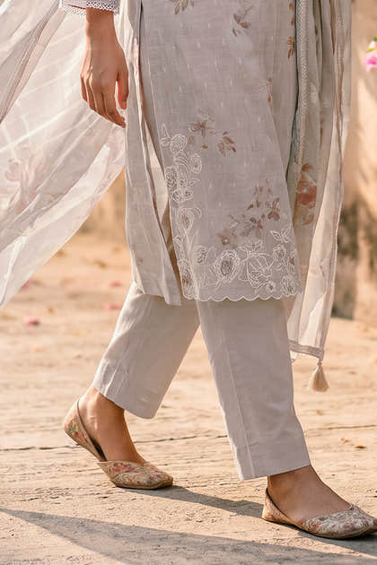 Grey Cotton Floral Resham Embroidered and Printed Unstitched Suit Material