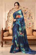 Blue Satin Abstract Printed Saree