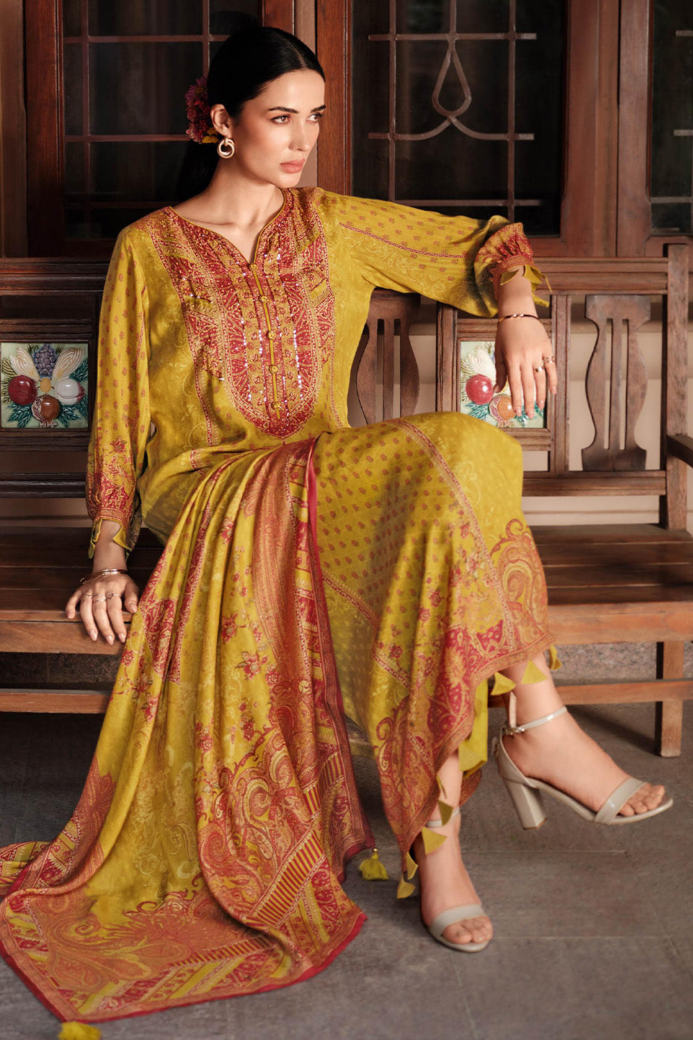 Mustard Crepe Printed Unstitched Suit