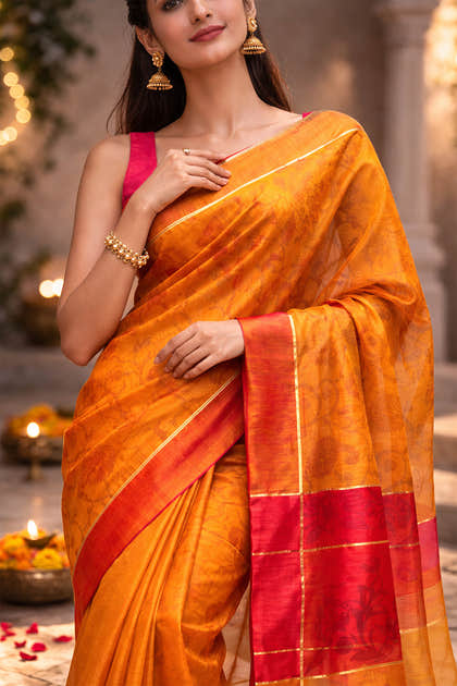 Mustard Chanderi Cotton Printes Saree