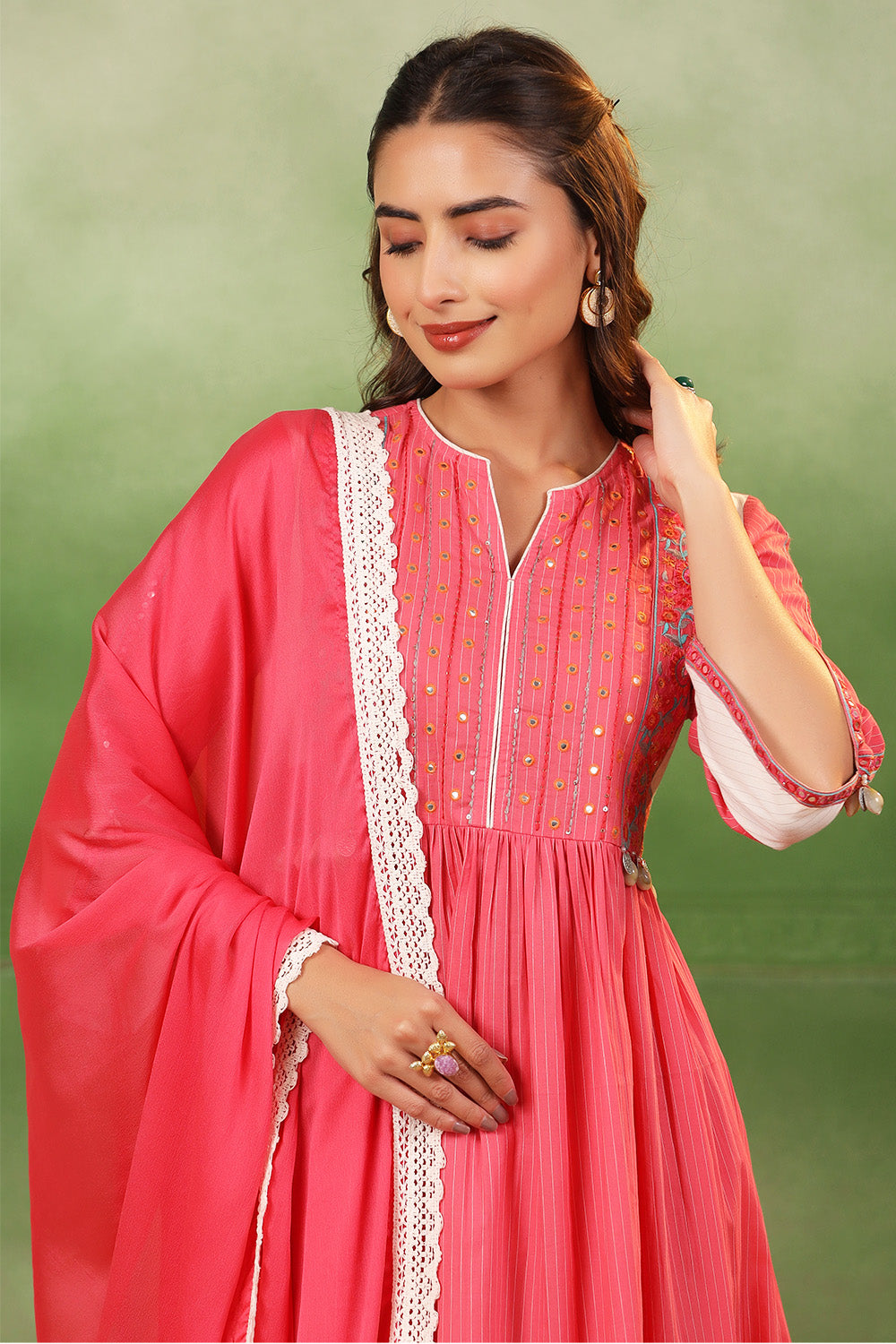 Coral Pink Color Cotton Neck Embroidered Anarkali Suit