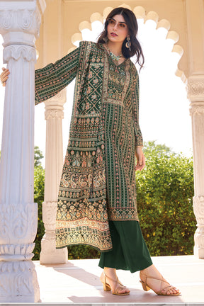 Bottle Green Spun Mughal-Inspired Paisley Printed Unstitched Suits Material