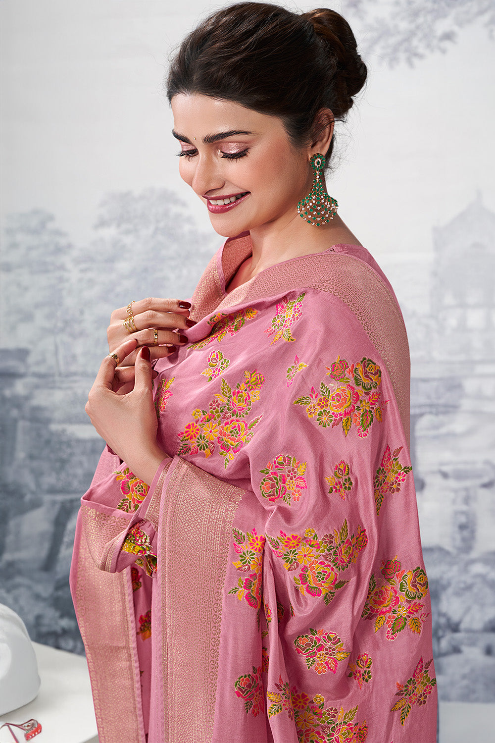 Dusty Pink Color Chanderi Silk Zari Woven Unstitched Suit Material