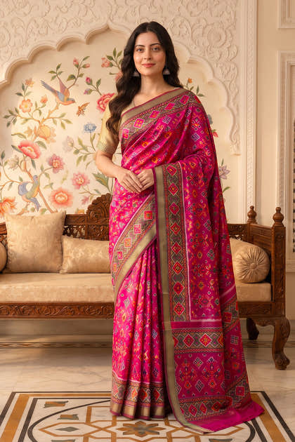 Rani Cotton Printed And Woven Border Saree