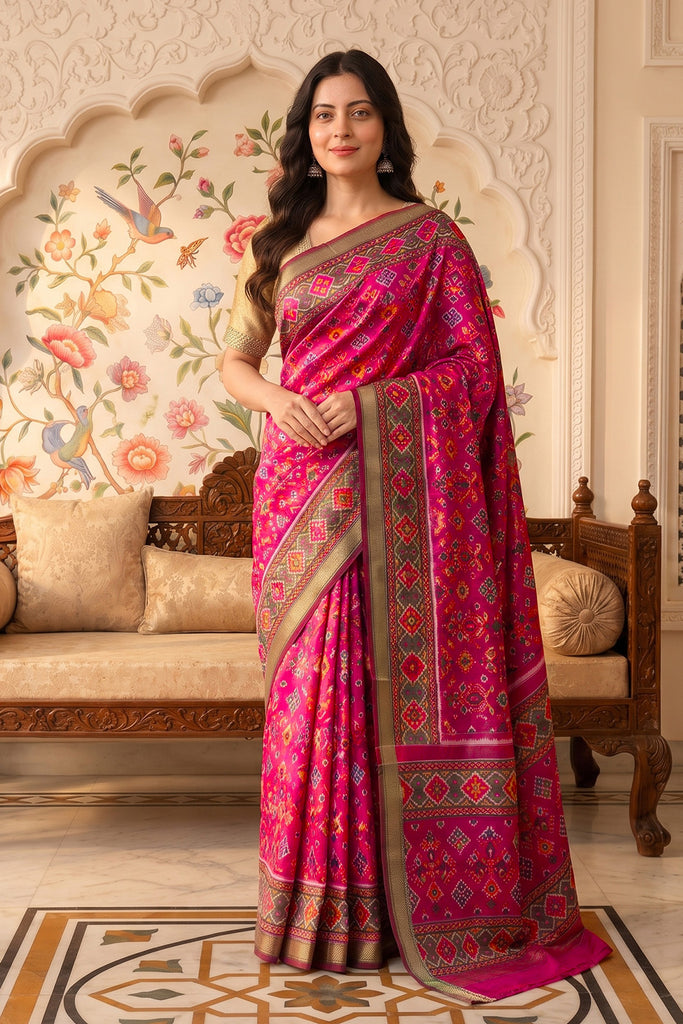 Rani Cotton Printed And Woven Border Saree