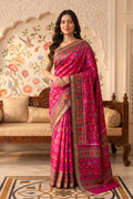 Rani Cotton Printed And Woven Border Saree