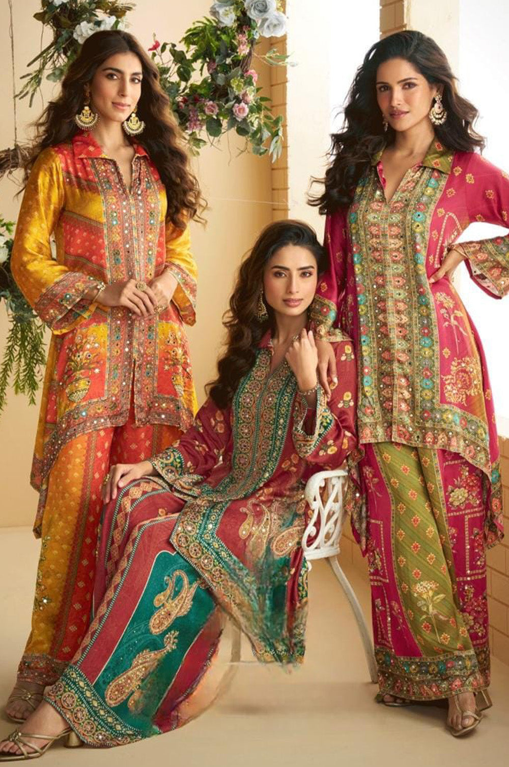 Hot Pink & Green  Printed Crepe Kurta Set With Palazzo