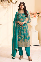 Teal Chinone Silk Floral Printed And Embroidered Unstitched Suit Fabric