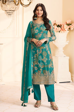 Teal Chinone Silk Floral Printed And Embroidered Unstitched Suit Fabric
