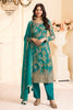 Teal Chinone Silk Floral Printed And Embroidered Unstitched Suit Fabric