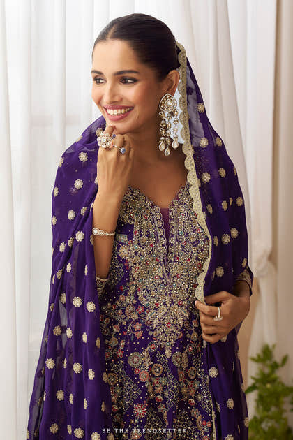 Voilet Georgette Zari And Sequins Embroidered Suit With Embroidered Palazzo