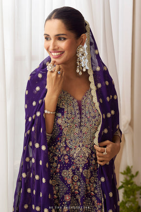 Voilet Georgette Zari And Sequins Embroidered Suit With Embroidered Palazzo