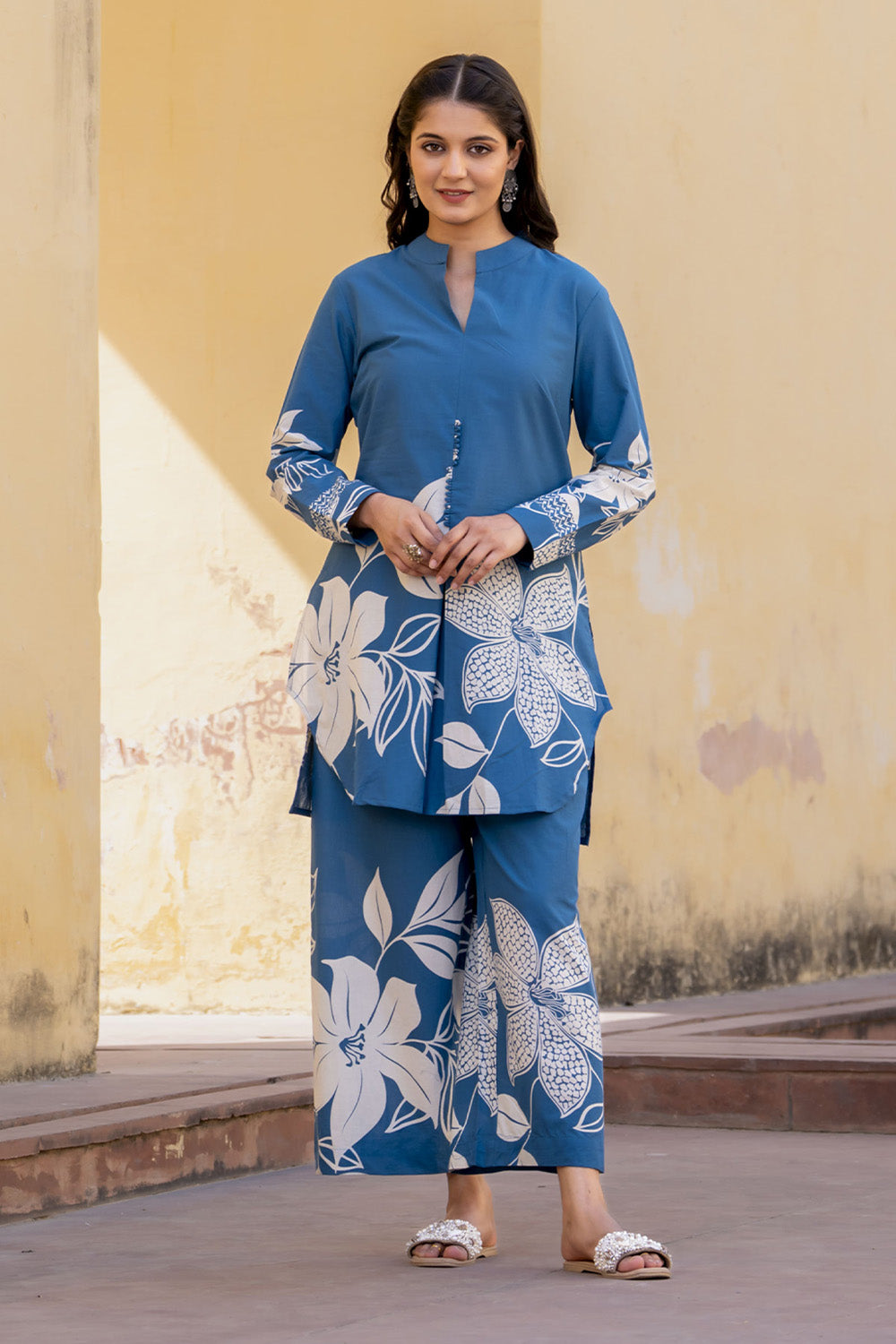 Navy Blue Color Cotton Printed Co-Ord Dress