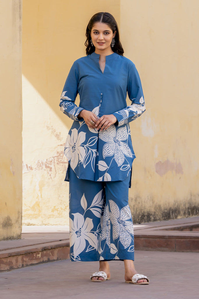 Navy Blue Color Cotton Printed Co-Ord Dress