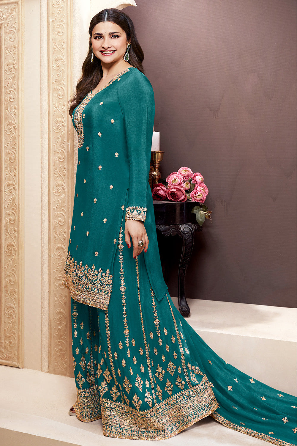 Teal Color Embroidered Chinon Silk Unstitched Suit Fabric with Embroidered Palazzo