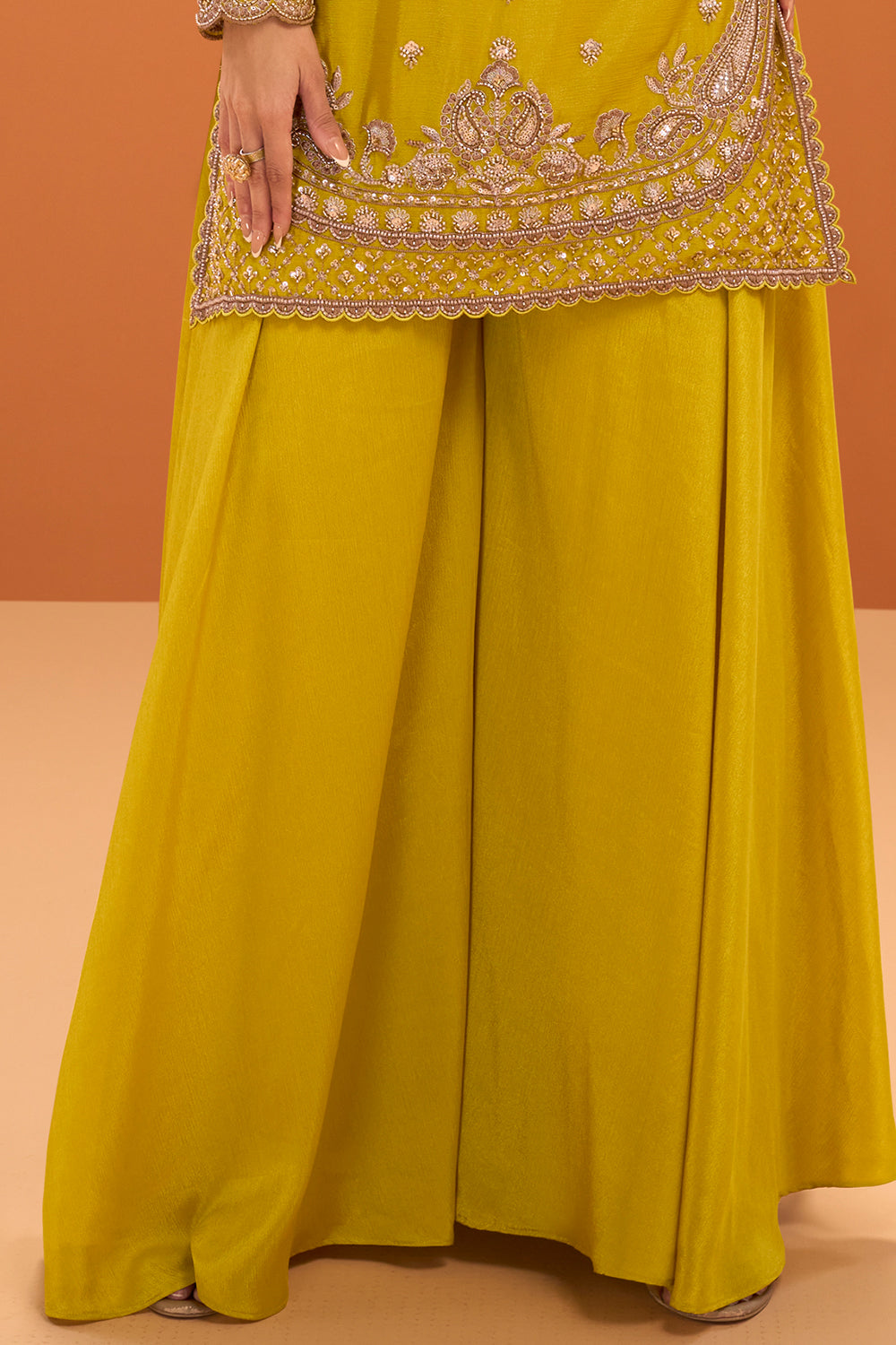 Mustard Crepe Silk Cut-Dana And Sequins Embroidered Suit With Palazzo