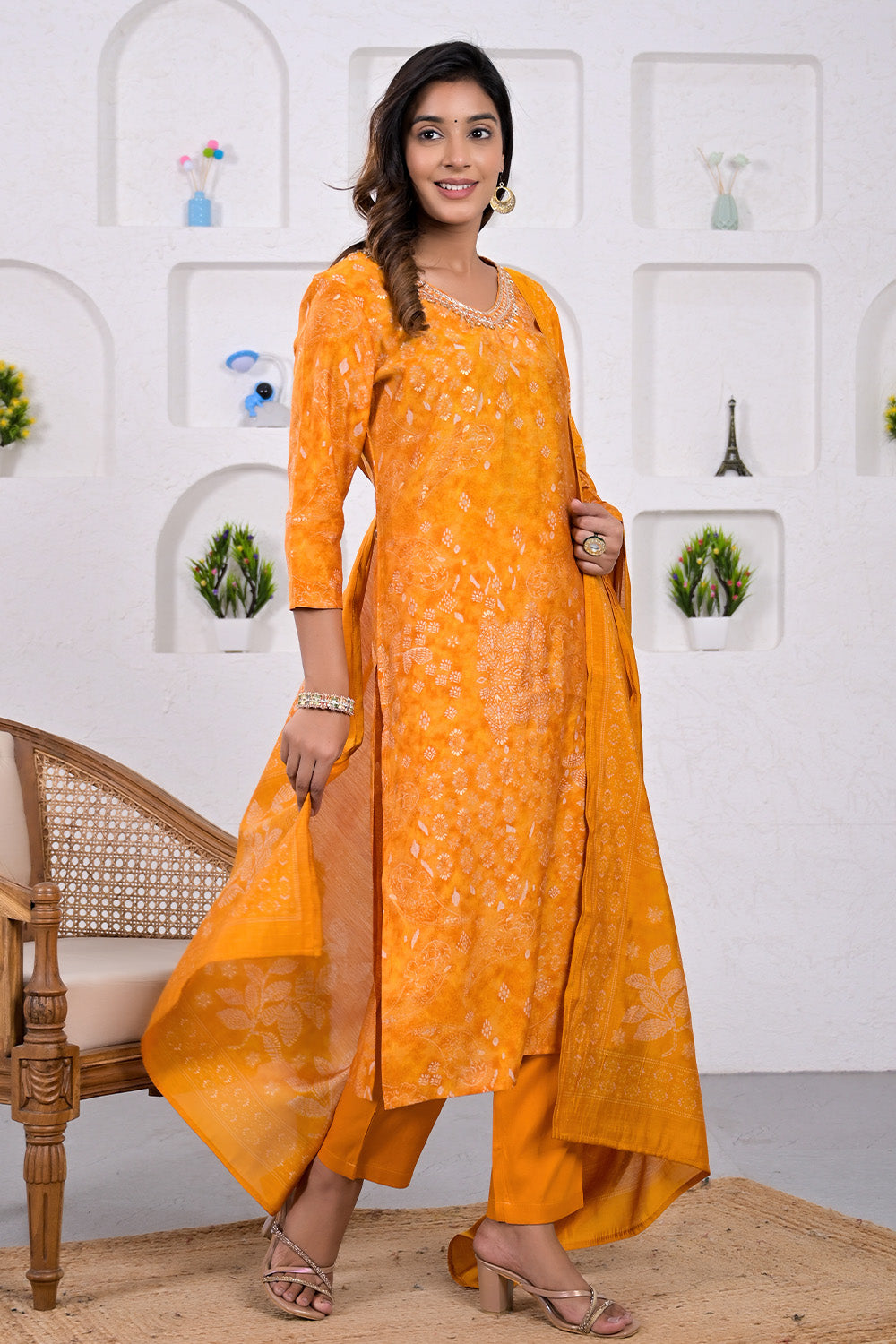 Mustard Color Printed & Neck Embroidered Muslin Suit