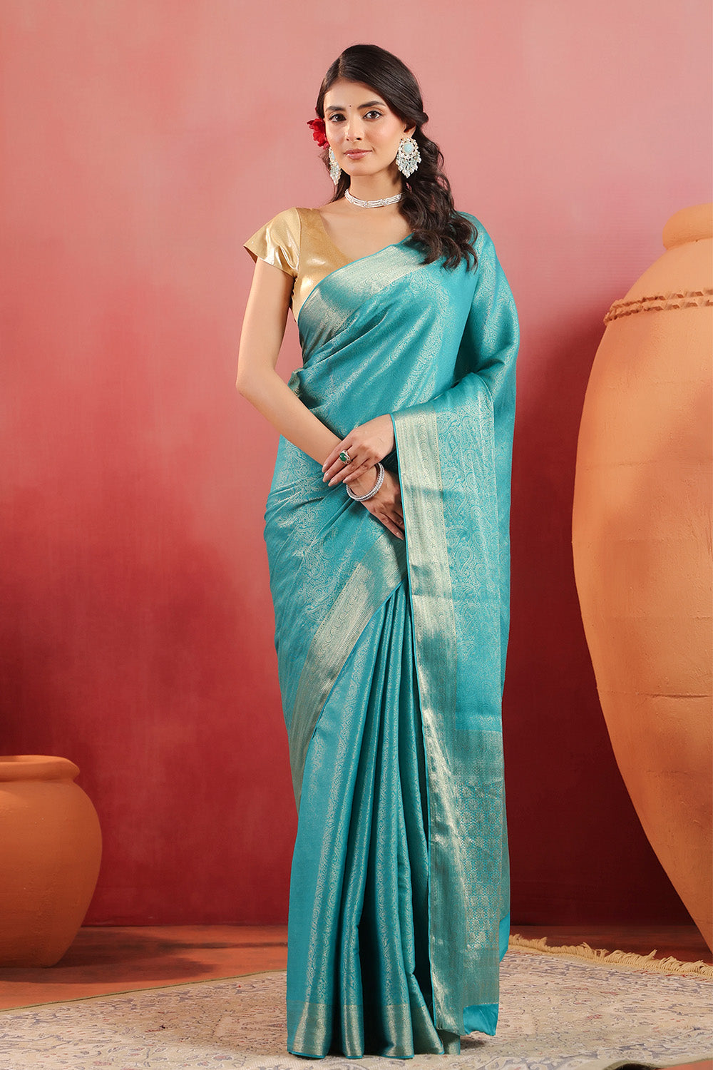 Teal Color Zari Woven Soft Silk Saree
