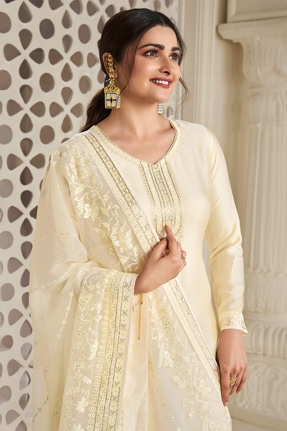 Cream Color Chinon Resham Embroidered Unstitched Suit Material