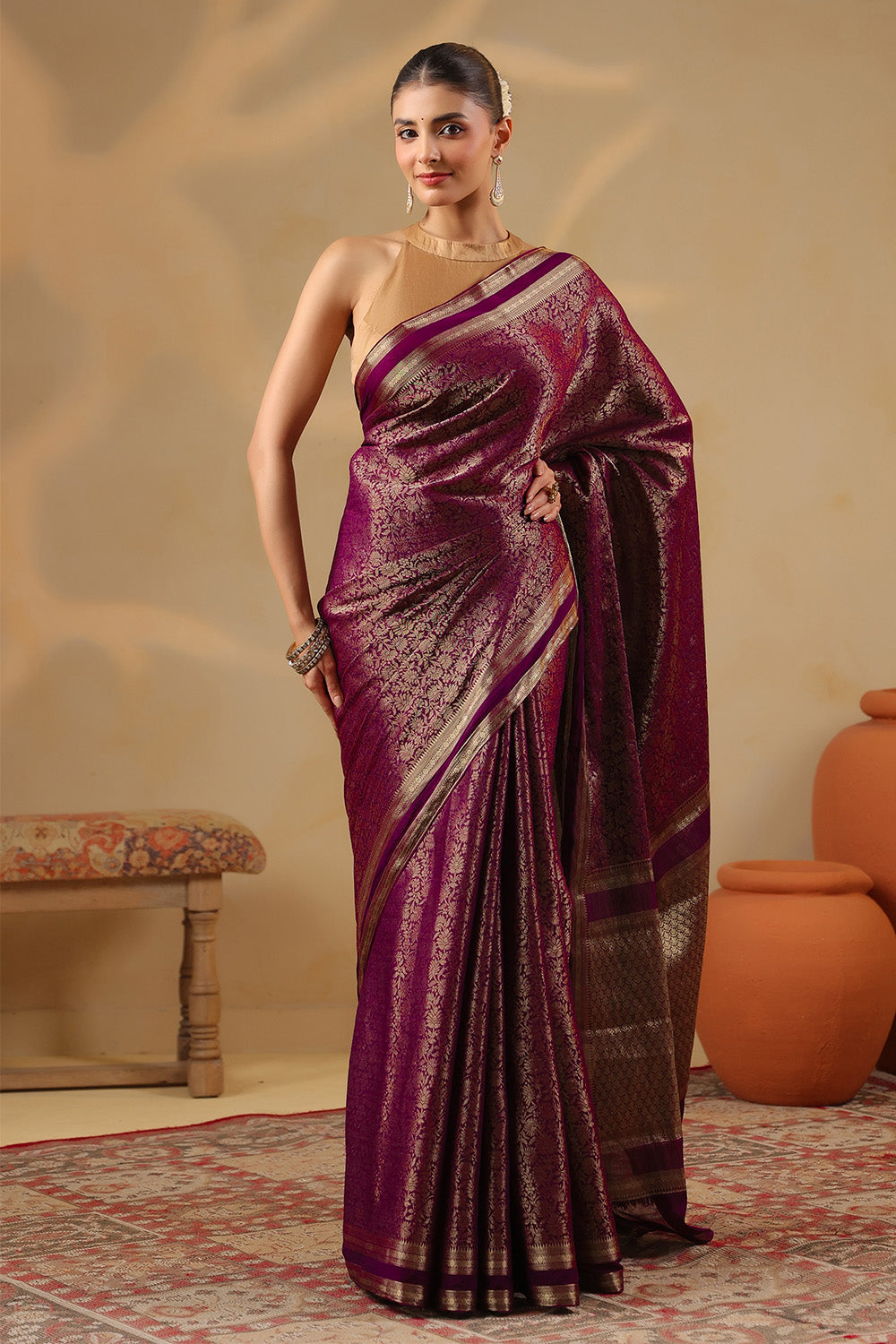 Dark Scarlet Color Zari Woven Soft Silk Saree