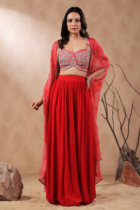 Red Color Georgette Crop-Top With Shrug & Skirt