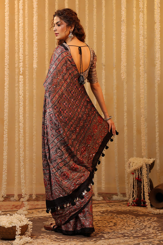 Light Brown Pure Mulberry Silk Printed And Embroidered Saree