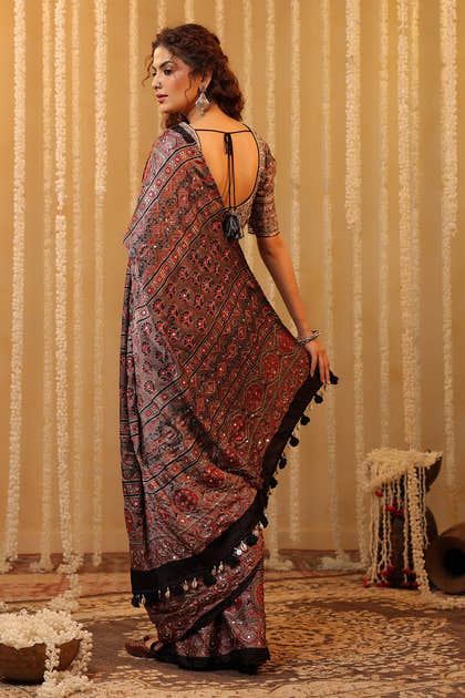 Light Brown Pure Mulberry Silk Printed And Embroidered Saree
